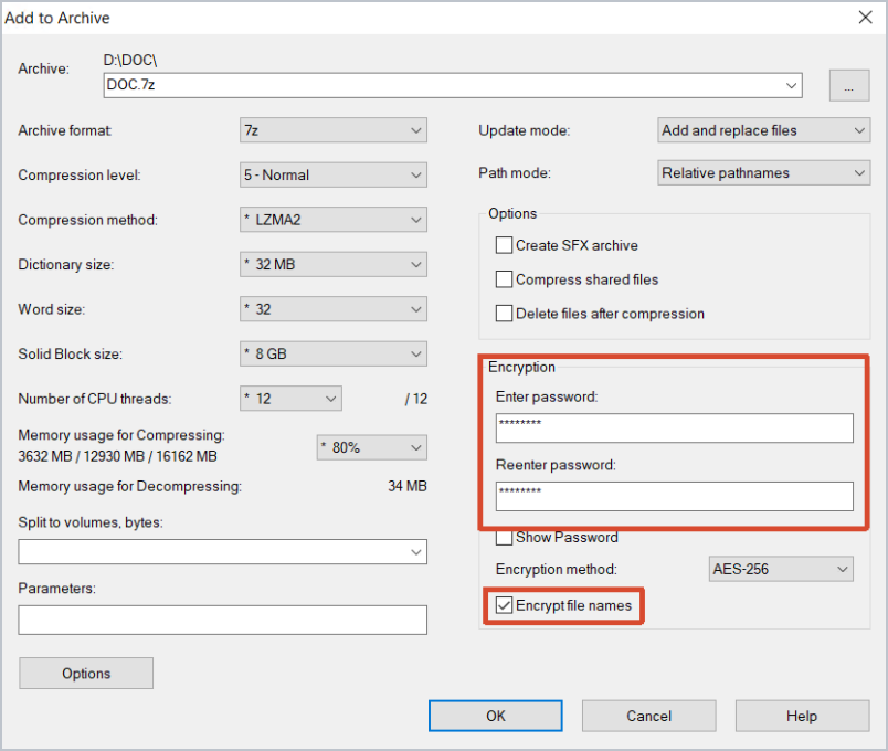 7-zip encryption settings showing aes-256 and encrypt file names options