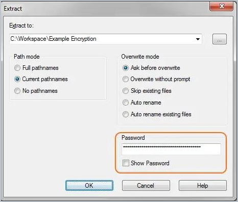 entering the password to extract a 7-zip encrypted archive on windows