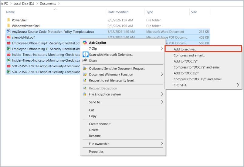 right-click menu selecting add to archive in 7-zip on windows