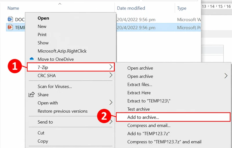 Steps 1 and 2: open the 7-Zip submenu and select Add to archive