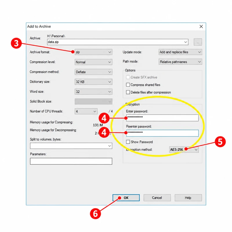 Steps 3 through 6: select ZIP, enter and confirm a password, choose AES-256, and click OK
