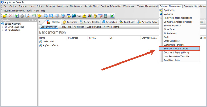 opening the sensitive content library from the category management menu in the anysecura console