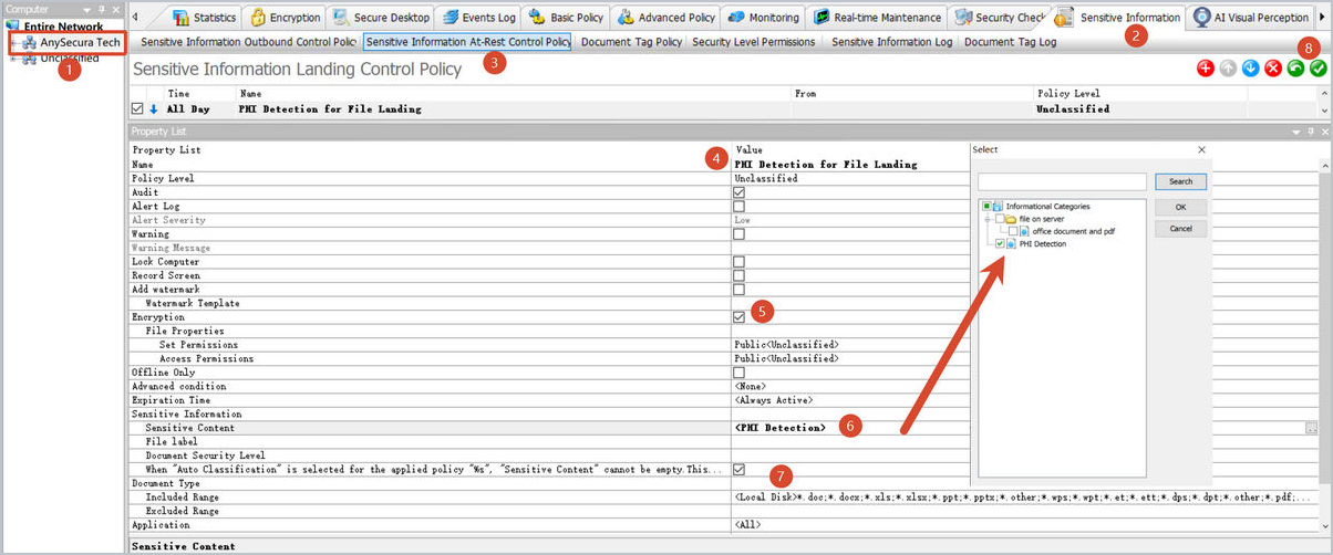 setting up an anysecura sensitive information at-rest control policy that automatically encrypts files matching the phi detection category