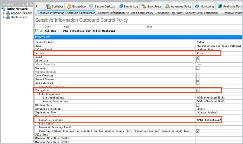 setting up an anysecura sensitive information outbound control policy with action allow and encryption for the phi detection category