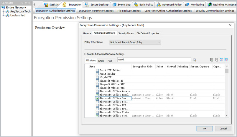 authorizing microsoft word, excel and other software to open encrypted files in the anysecura encryption authorization settings
