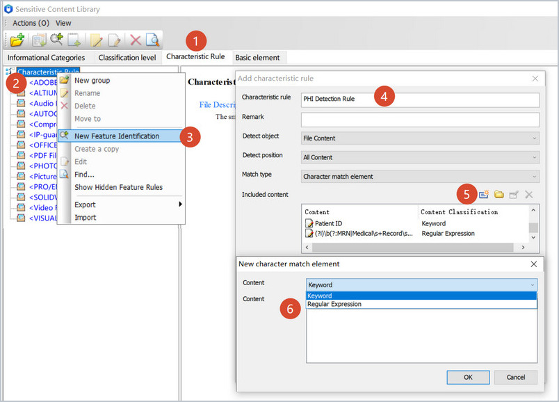 creating a phi detection rule with keywords and a regular expression in the anysecura sensitive content library