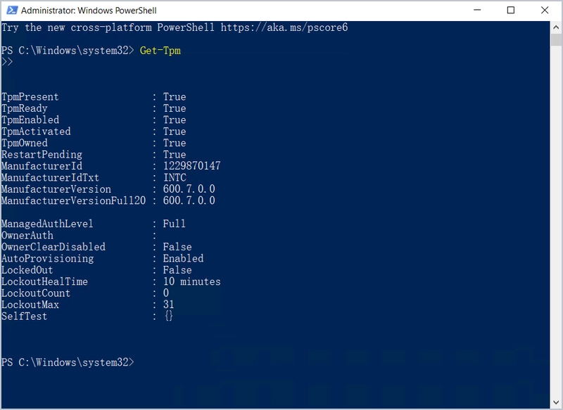 get-tpm output in windows powershell showing tpm present and ready