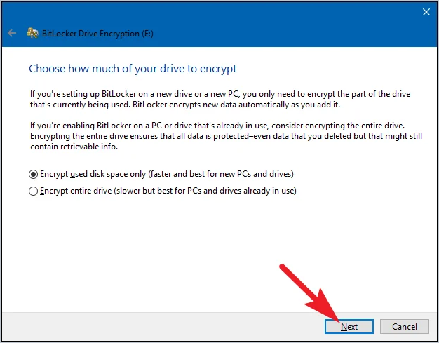 bitlocker wizard asking whether to encrypt used disk space only or the entire drive