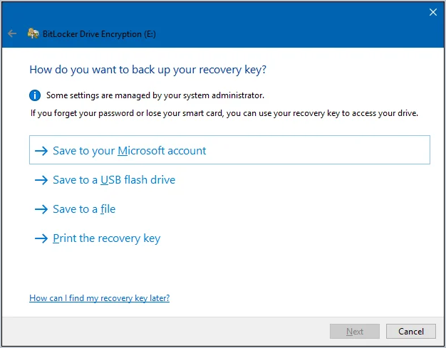 bitlocker wizard asking how to back up your recovery key