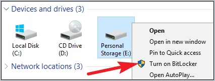 right-click a drive in file explorer and choose turn on bitlocker