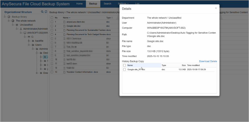 Backup settings for key documents
