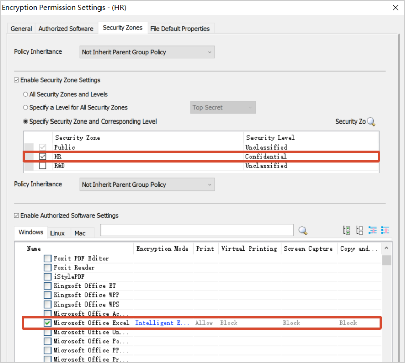 Security zone and permission settings