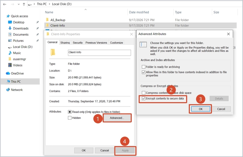 advanced attributes dialog to encrypt contents on windows