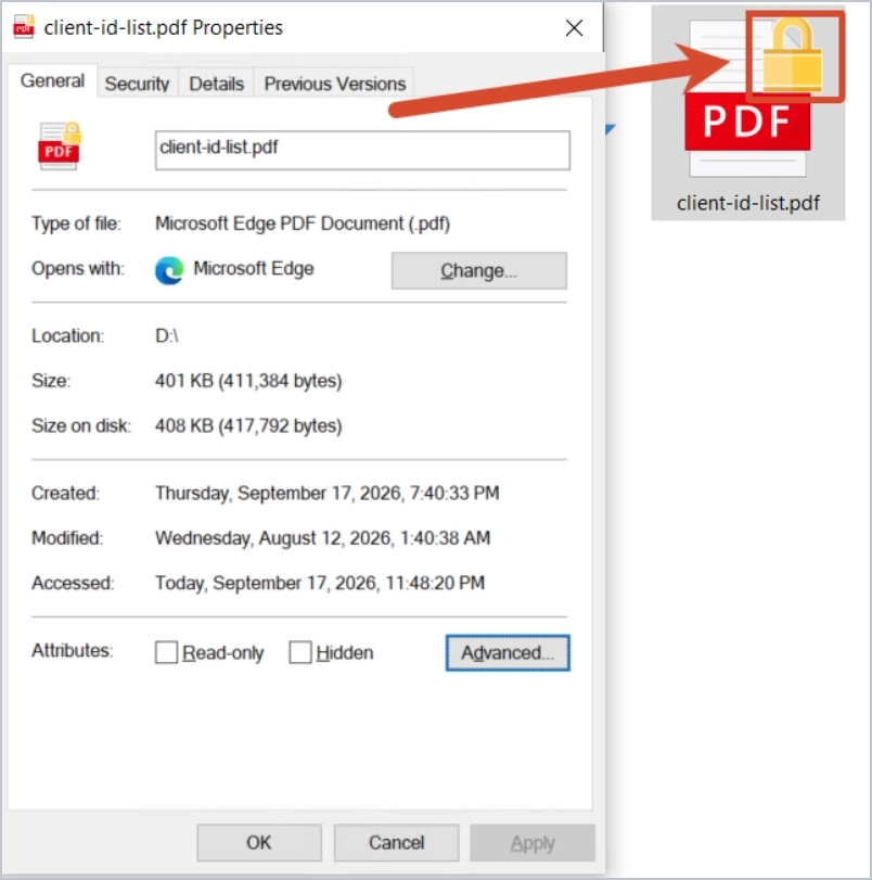 a small padlock icon badge on a file shows it is encrypted with efs on windows