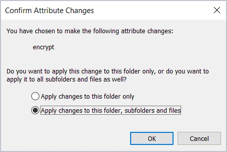 confirm attribute changes dialog choosing to encrypt subfolders and files on windows