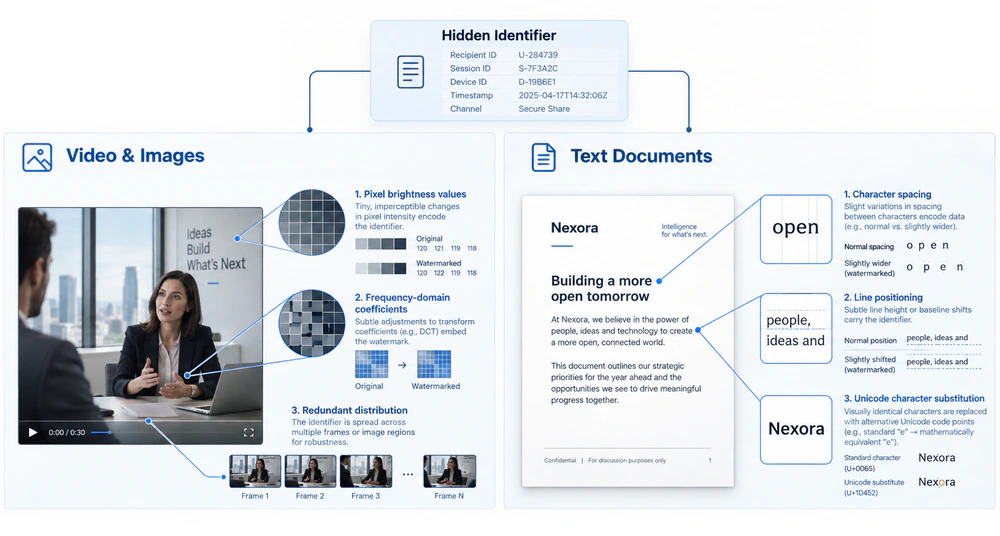 Forensic watermark embedding techniques for videos, images, and text documents