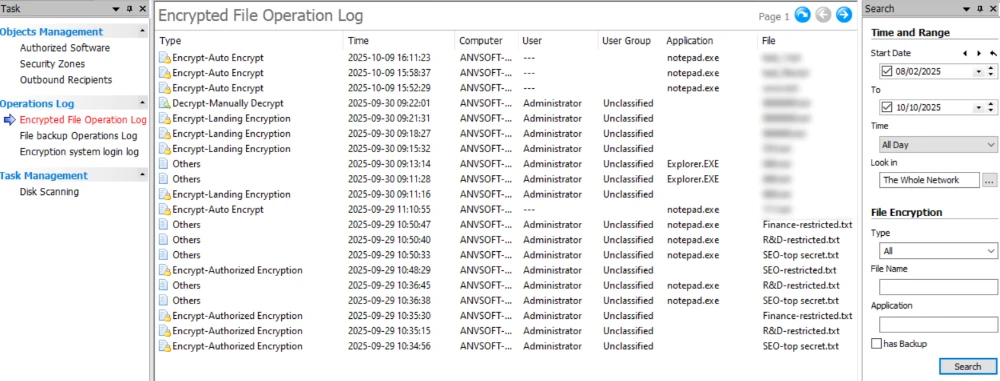 AnySecura encrypted file operation logs and audit records