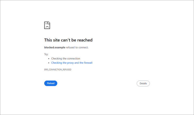 Chrome connection-refused page for blocked.example after the hostname is mapped to the local computer