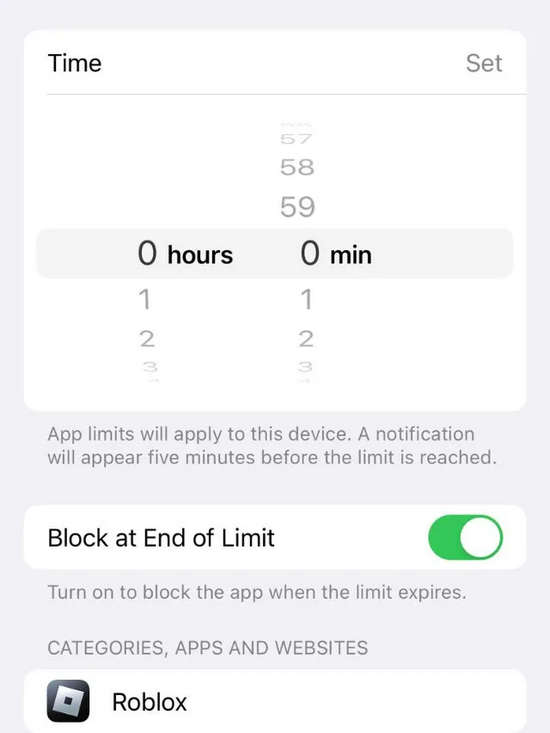ios screen time limits to block roblox