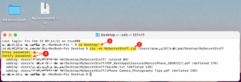 Terminal steps 2 through 4: change directory, run zip with encryption, and enter the password twice