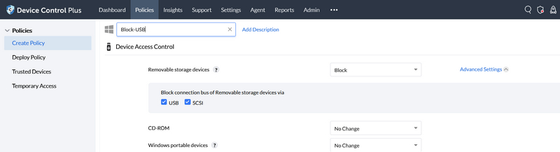 ManageEngine Device Control Plus Block-USB policy configuration screen