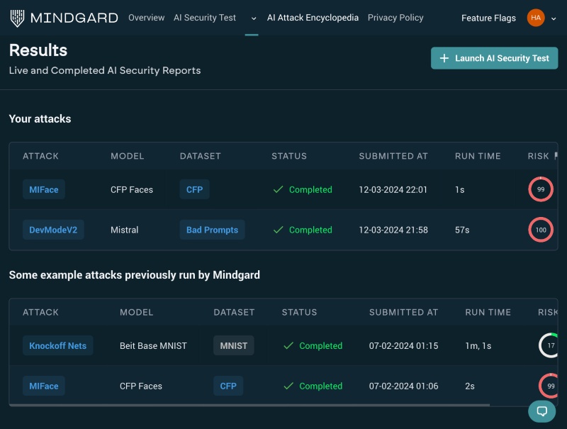 Mindgard AI Security Solution Interface