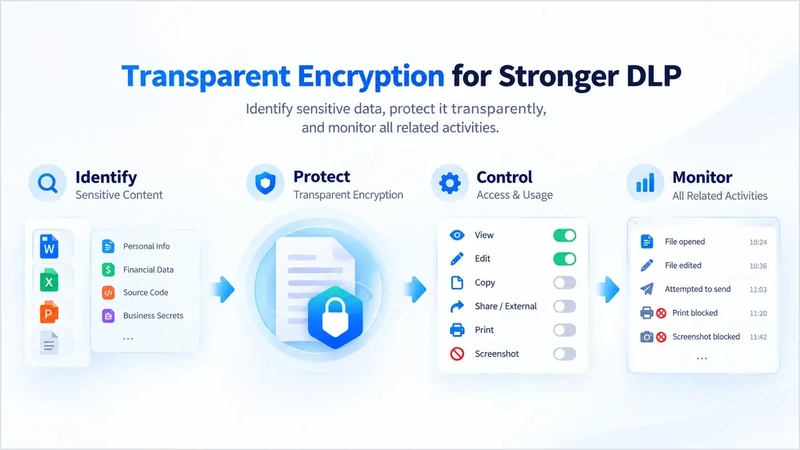 AnySecura transparent encryption DLP workflow: identify sensitive content, protect with encryption, control access, monitor activity