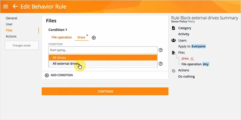 Teramind USB behavior rule editor for blocking external drives