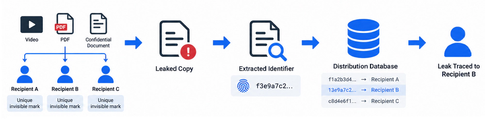 Forensic watermarking links each distributed copy to a specific recipient