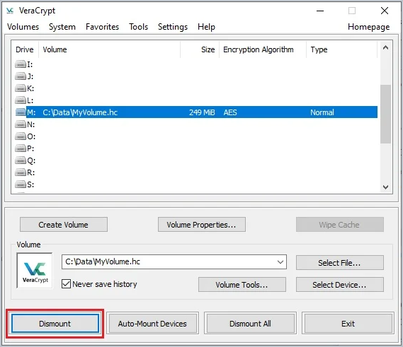 veracrypt dismount button to re-lock the mounted vault