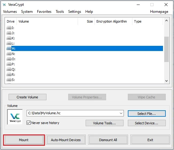 veracrypt main window selecting the container file and clicking mount