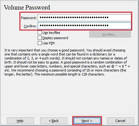 veracrypt wizard entering and confirming the volume password