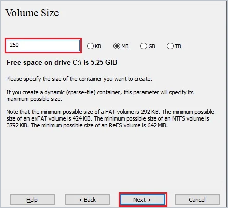 veracrypt wizard setting the volume size