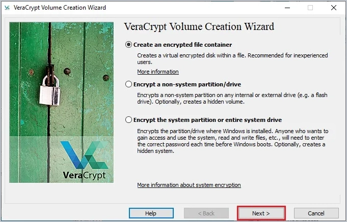 veracrypt volume creation wizard choosing to create an encrypted file container