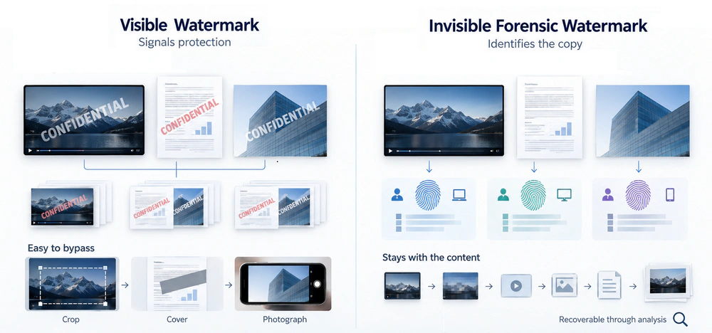 Visible and invisible forensic watermark comparison