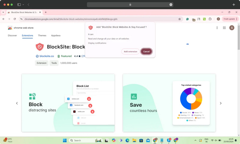 Chrome permission dialog for adding a website-blocking extension