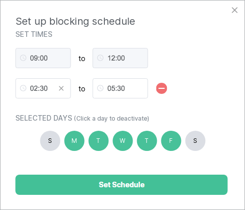 BlockSite schedule settings with weekday blocking periods