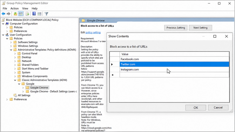 Google Chrome Group Policy dialog with websites entered in the blocked URL list