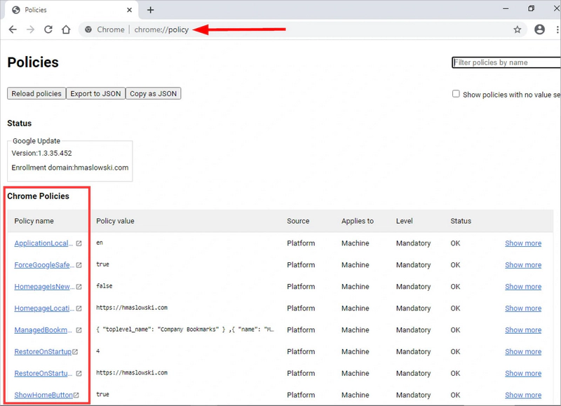 Chrome policy page showing applied machine policies with OK status