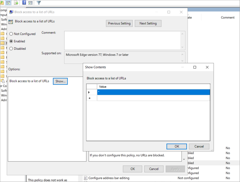 Microsoft Edge Group Policy URLBlocklist enabled with the Show Contents dialog open