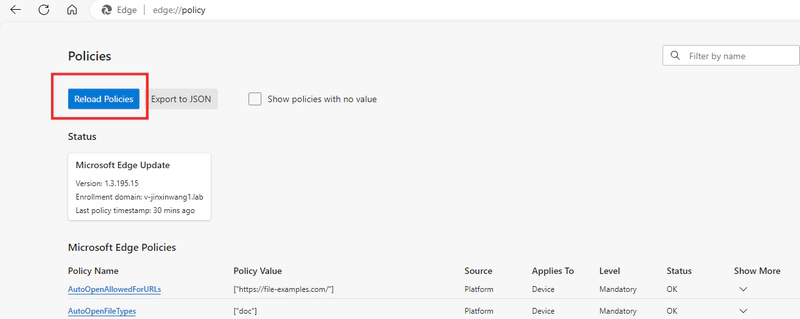 Microsoft Edge policy page with Reload Policies highlighted and applied policies showing OK status