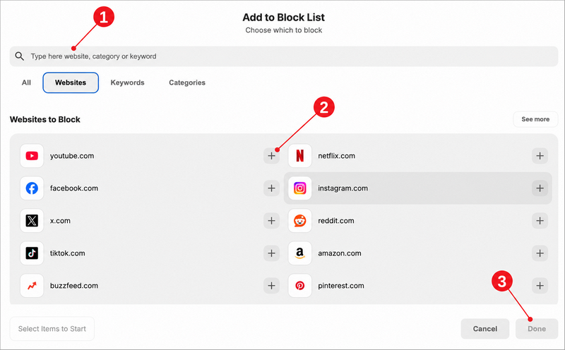 Annotated BlockSite interface showing where to search, add a website, and confirm the block list
