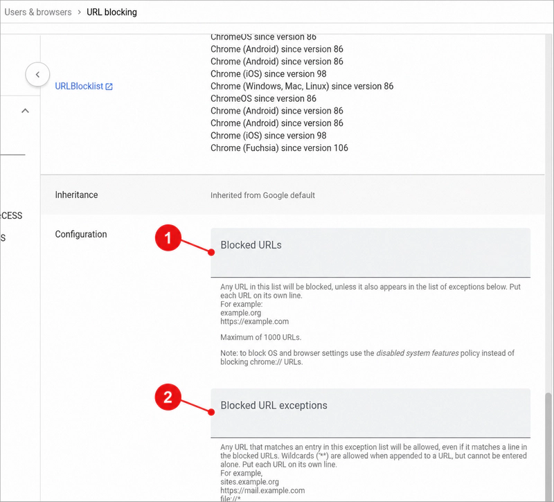 Annotated Google Admin console showing the Blocked URLs and Blocked URL exceptions fields