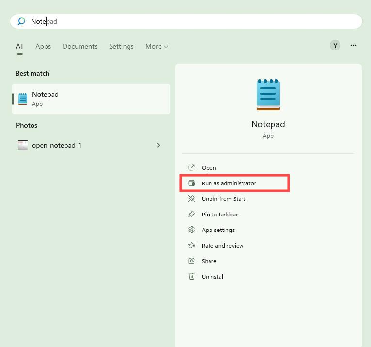 Windows 11 search result with Run as administrator highlighted for Notepad