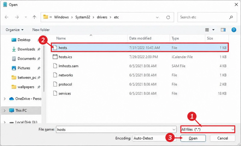 Annotated Notepad Open dialog showing the All files filter, hosts file, and Open button