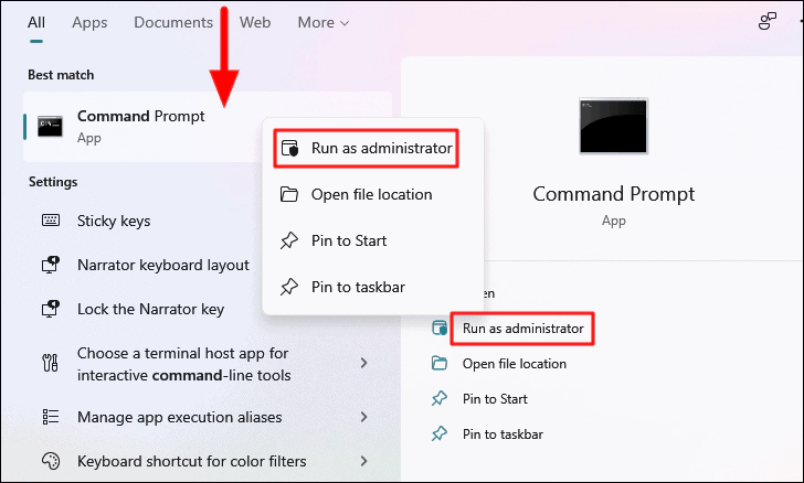 Windows 11 search menu with Run as administrator highlighted for Command Prompt