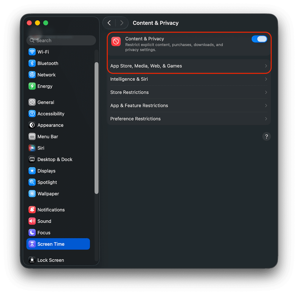 macOS Content and Privacy settings with the master switch and App Store Media Web and Games highlighted
