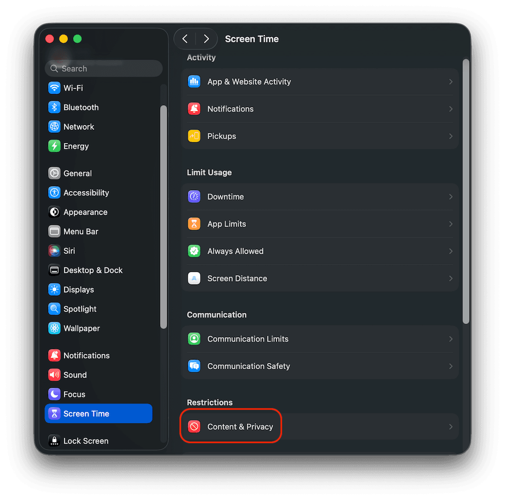 macOS Screen Time settings with Content and Privacy highlighted