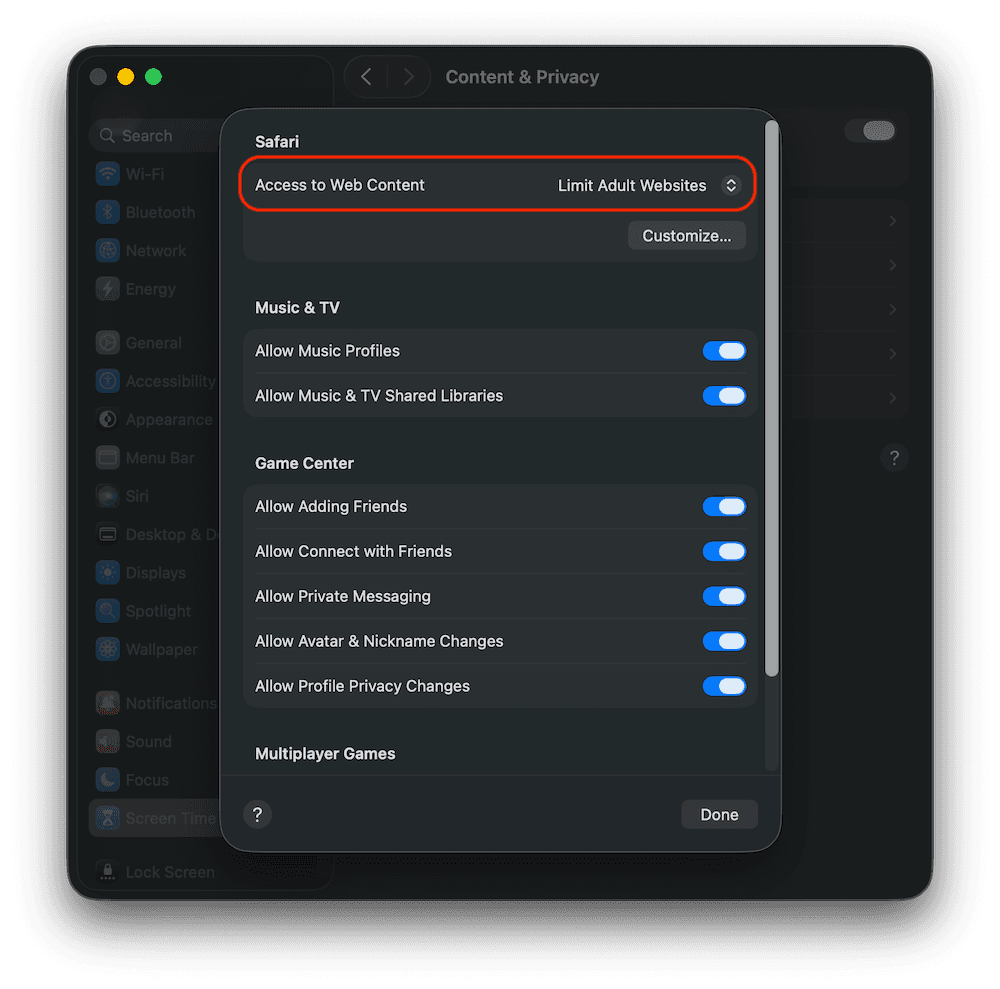 macOS Safari web-content menu with Limit Adult Websites highlighted