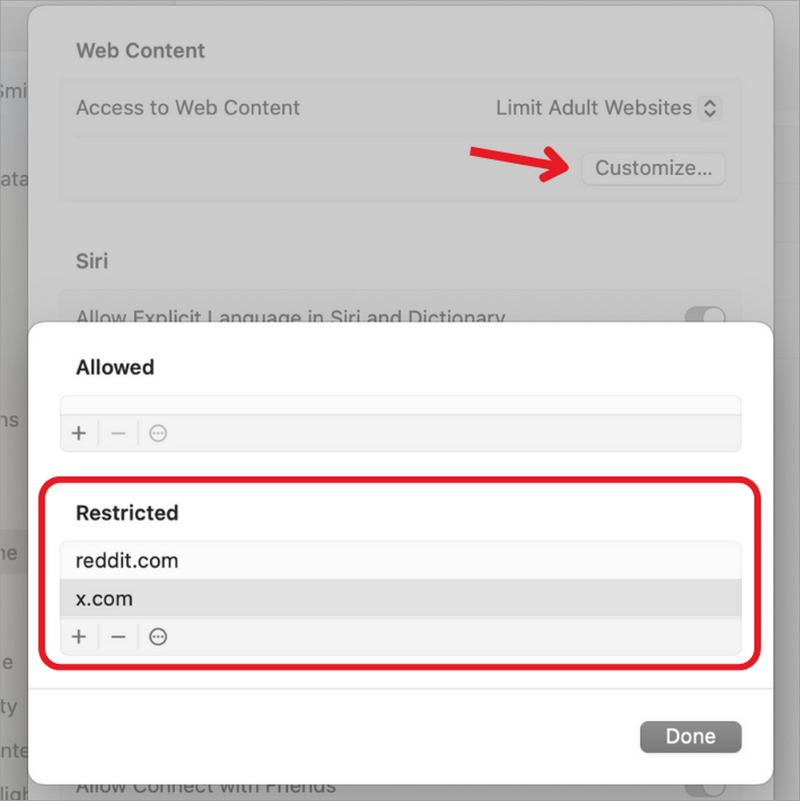 macOS Screen Time web-content settings with websites added to the Restricted list